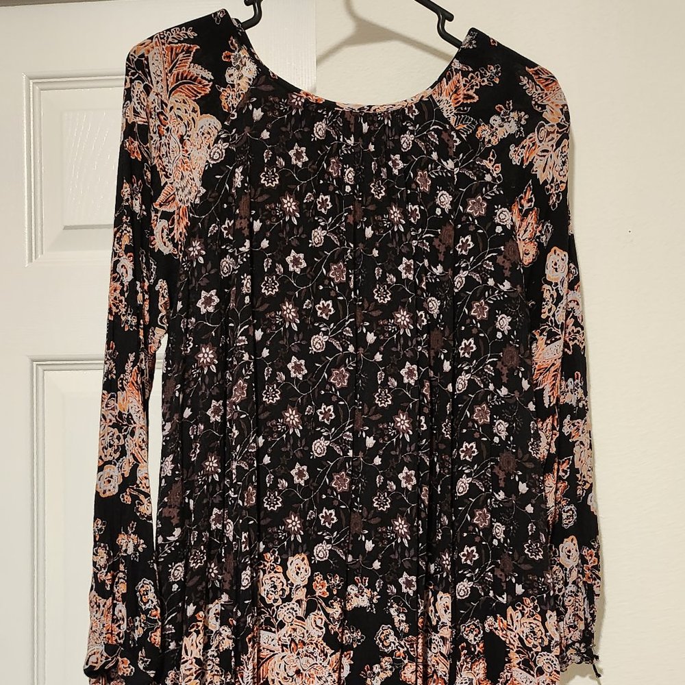 Free People Lucky Looise Black Floral Print Swing Dress Size XS